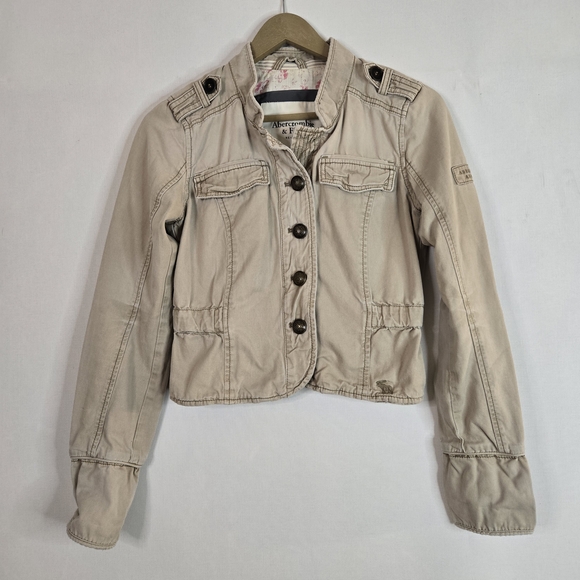 Abercrombie & Fitch Women's Size M Crop Military Tan Button Up Jacket - Picture 7 of 13